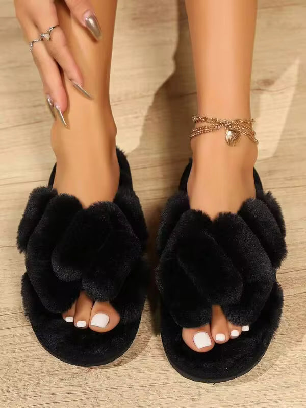 Fall/Winter Women Fur Crisscross Slippers, Open Toe Indoor Non-Slip House Slippers, Fashionable 3D High-End Women Slippers,Fluffy Slippers