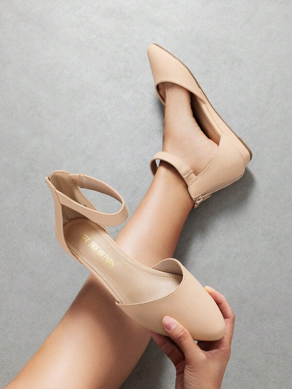 Women's Closed Pointed Toe Low Wedge Ankle Strap Casual Comfortable Ballet Flats With Back Zipper Design Party Wedding Shoes Nude Nubuck
