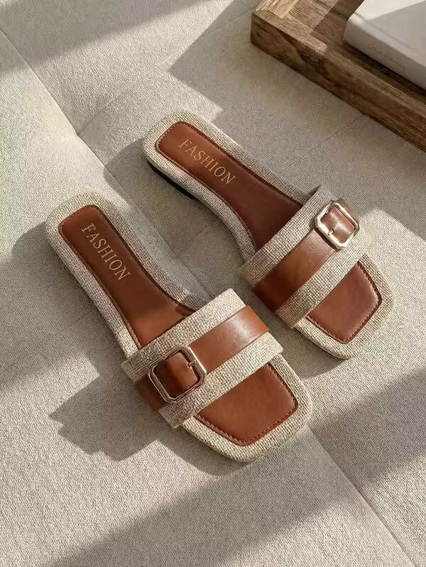 Resyla 1 Pair Vacation Style Color Block Slip-On Sandals, Women's Flat Square Toe Beach Slippers, Linen Pattern Slide Sandals, Versatile For Summer