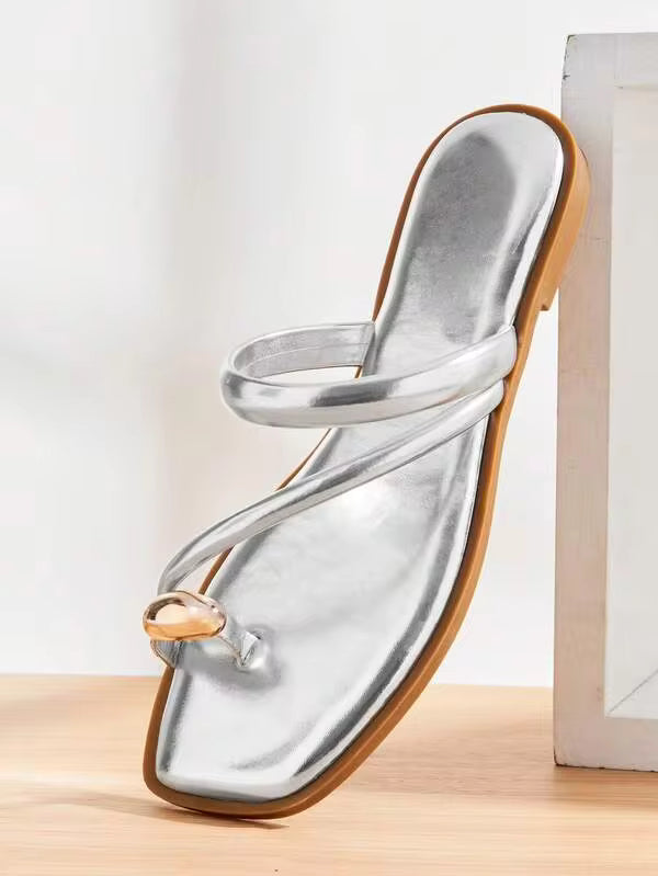 SHUZIA Women's Square Toe Minimalist Rolled-Edge Metallic Silver Gold-Accent Ring Toe Flip-Flop Sandals – Chic, & Comfortable